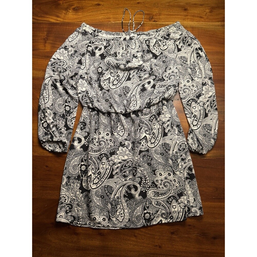 White House Black Market Paisley Blouson Mini Dress Black White Straps Small S